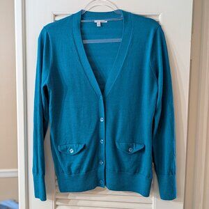 Halogen 100% Merino Wool Teal V-neck Button Cardigan Sweater | LG Petite | EUC